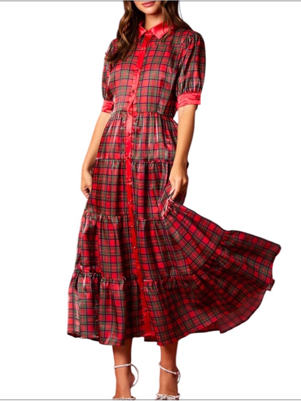 Peach Love Christmas Plaid Silky Organza Midi Dress Size Small